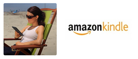 Woman reading a Kindle 3 at the beach - Amazon Kindle logo