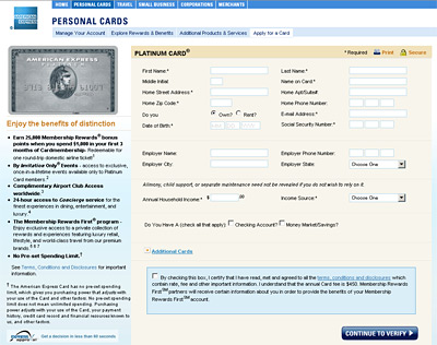 american express website screenshot - apply for an amex card
