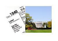 Tax Form 1040 and the White House in Washington DC