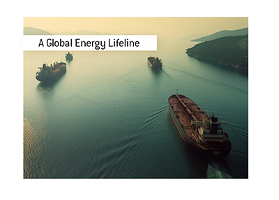 Oil tankers traveling through a narrow sea route representing global oil transport through the Strait of Hormuz.