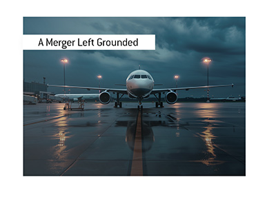 Grounded passenger jet sitting alone on rain-soaked airport tarmac at dusk.