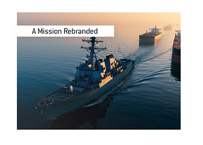 Modern guided missile destroyer escorting commercial oil tankers through calm waters at sunrise.