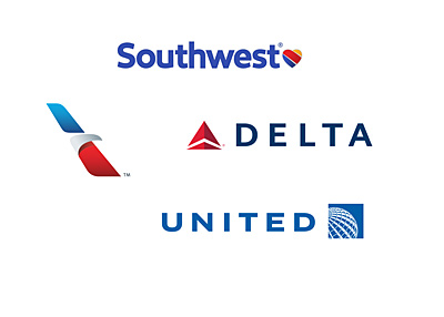 Four airline logos - Year 2016 - Southwest, American Airlines, Delta and United