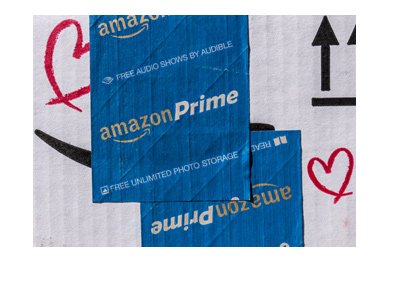 Amazon Prime - Package photographed with blue label. Year is 2017.