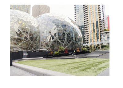 Amazon company headquarters in Seattle, Washington. Pictured are the orbs located at the campus lawn.