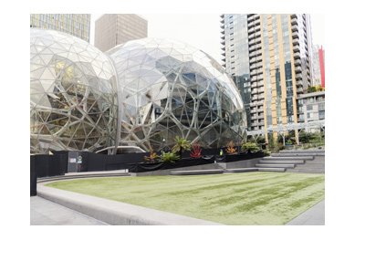 Amazon company headquarters in Seattle, Washington.  Pictured are the orbs located at the campus lawn.