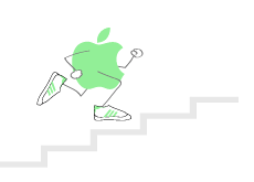 -- Apple logo is running up the steps --