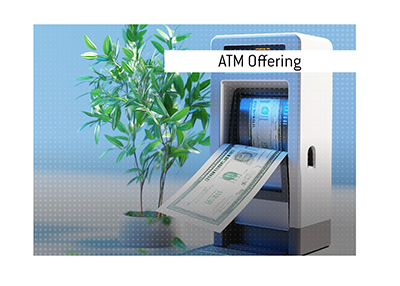 A bank ATM machine with a stock market certificate coming out of it. Illustration. The meaning of ATM Offering is explained.