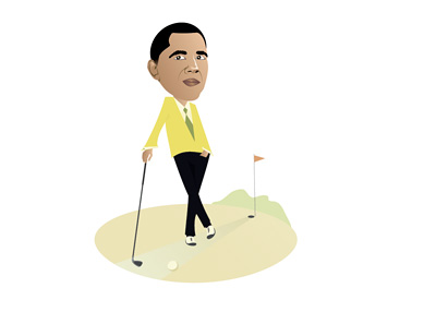 Barack Obama Playing a Round of Golf - Caricature