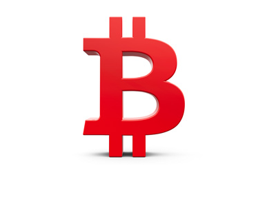 The Bitcoin sign / symbol designed in red 3D.