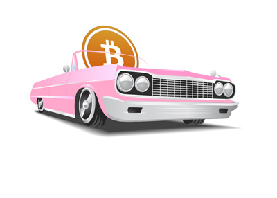 Bitcoin is riding in a sweet convertible car.  Illustration.