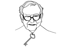 Warren Buffett holding the key to his castle around his neck - Illustration