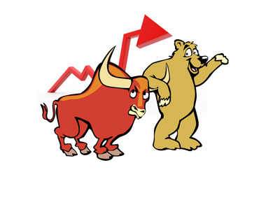 The Bull is annoyed by the bear.  Stock market illustration.