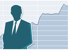 -- Businessman silhouette in front of a declining stock chart --