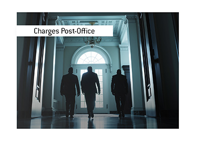 Silhouetted former officials walking through White House corridor toward exit, representing post-office criminal charges, investigations, and legal consequences.