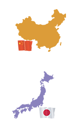 China and Japan map outlines and flags