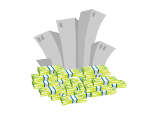 Illustration of corporate buildings sitting on top of cash