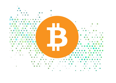 Bitcoin cryptocurrency.  Illustration.  Orange coin on top of computerized background.