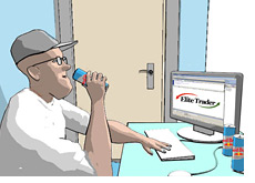 dave is drinking a redbull and surfing the elitetrader.com website - talking about stock chat rooms - good and bad