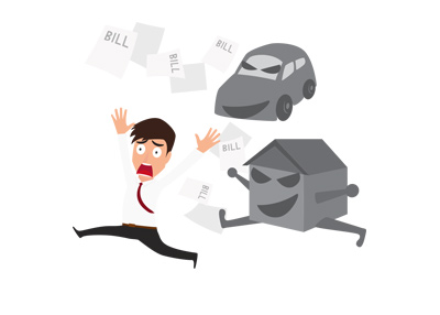 Man wearing a shirt and a tie is being attacked by house and car debt.  Illustration.