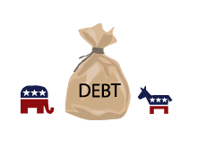 -- Elephant and a donkey looking at the big bag of debt - Republicans and Democrats --