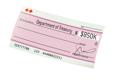 A Cheque written to the US Department of Treasury for 850k