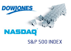 logos and arrow building up - dow jones industrial average - nasdaq composite - sp 500 index