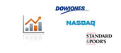 Dow Jones, Nasdaq and Standard and Poor logos next to a mini chart