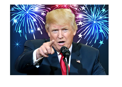 Donald Trump in his trademark pose. Pointing finger. Fireworks in the background.