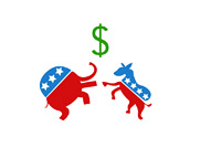 Elephant and Donkey are fighting over dollars - Republicans vs. Democrats - Fiscal Cliff - Illustration