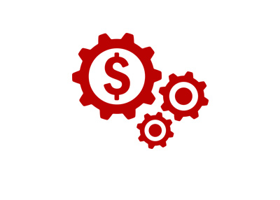 The Jobs Report - Concept drawing - Red cogs, dollar sign.