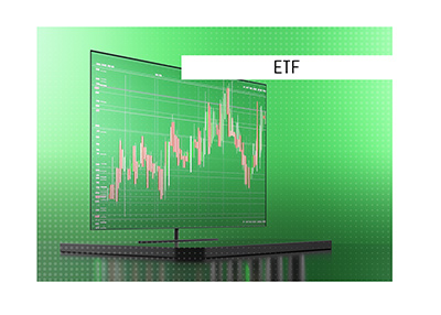 2D illustration of a stock market chart isolated on a light bright green background. The meaning of the financial term ETF is explained.