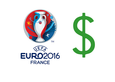 The UEFA EURO 2016 logo next to a green coloured dollar sign.  Illustration / concept