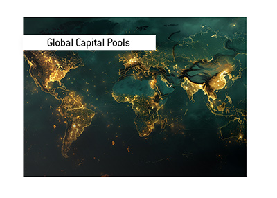 Illuminated global world map showing interconnected financial centers and capital flows.