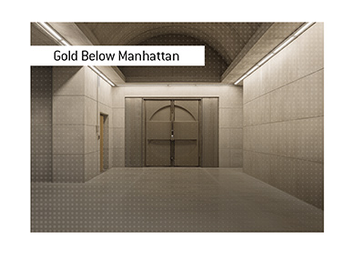 Illustrated interior view of a reinforced concrete vault beneath Manhattan with massive steel doors securing gold reserves.