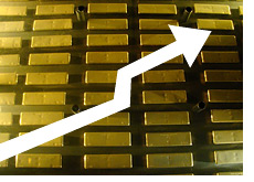 -- gold bars with an arrow pointing up - raising gold prices --