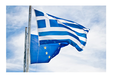 Greece and European Union flags - Clouds over clear skies