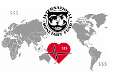 world map - imf logo - international monetary fund - first aid logo - dollar signs