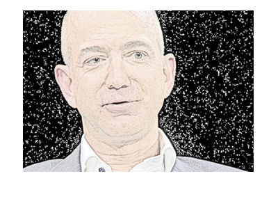 The illustration of the Amazon CEO, Jeff Bezos.  The cosmos is in the background.  Dollar sign also.