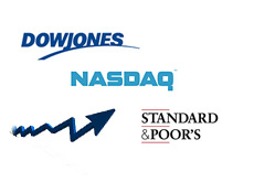 -- nasdaq, dow jones, sp 500 logos and chart --