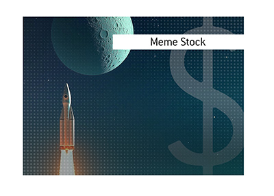 Illustration of a rocket blasting off toward the moon. Meme Stock meaning is explained.