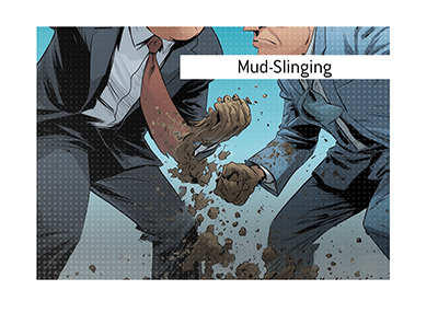 Two figures from the political world are throwing mud at each other. Illustration in comic book style.