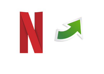 The 2016 version of the Netflix logo - Letter N stylized - Next to it is a green arrow pointing up (related to the most recent stock price increase).