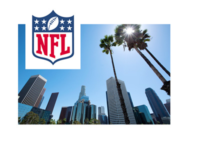 The National Football League (NFL) logo over a scenit picture of downtown Los Angeles framed by palm trees