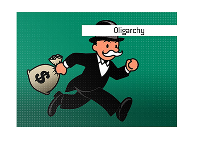 The meaning of Olygarchy is explained. In photo: Character from the Monopoly game is running with a bag full of money.
