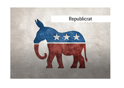 The meaning of the term Republicrat explained. Mix of Republican and Democrat. Illustration. Half donkey, half elephant.