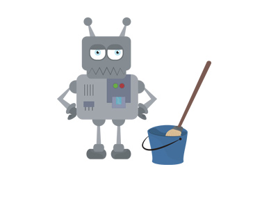 The illustration of a robot cleaner with an unimpressed expression on his face. Standing next to a mop in a bucket.
