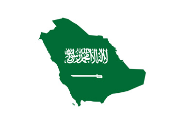 Saudi Arabia map with coat of arms / flag displayed on it