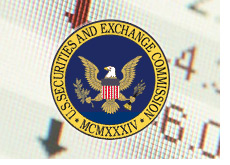 sec logo - securities and exchange commission - on top of stock chart - down