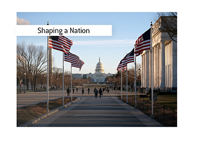American flags lining a walkway toward the United States Capitol.